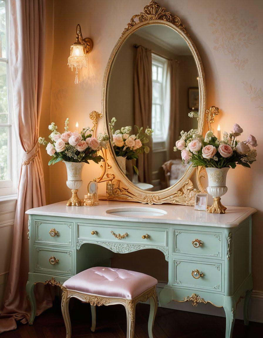 A luxurious display of exquisite lingerie pieces elegantly arranged on a vintage vanity, adorned with soft satin fabrics and delicate lace details. The scene is illuminated by warm, golden candlelight, highlighting the intricate craftsmanship and allure of each design. Include subtle floral accents and a vintage mirror reflecting the intimate ambiance. Soft focus in the background for a dreamy atmosphere. painting. soft pastel colors.