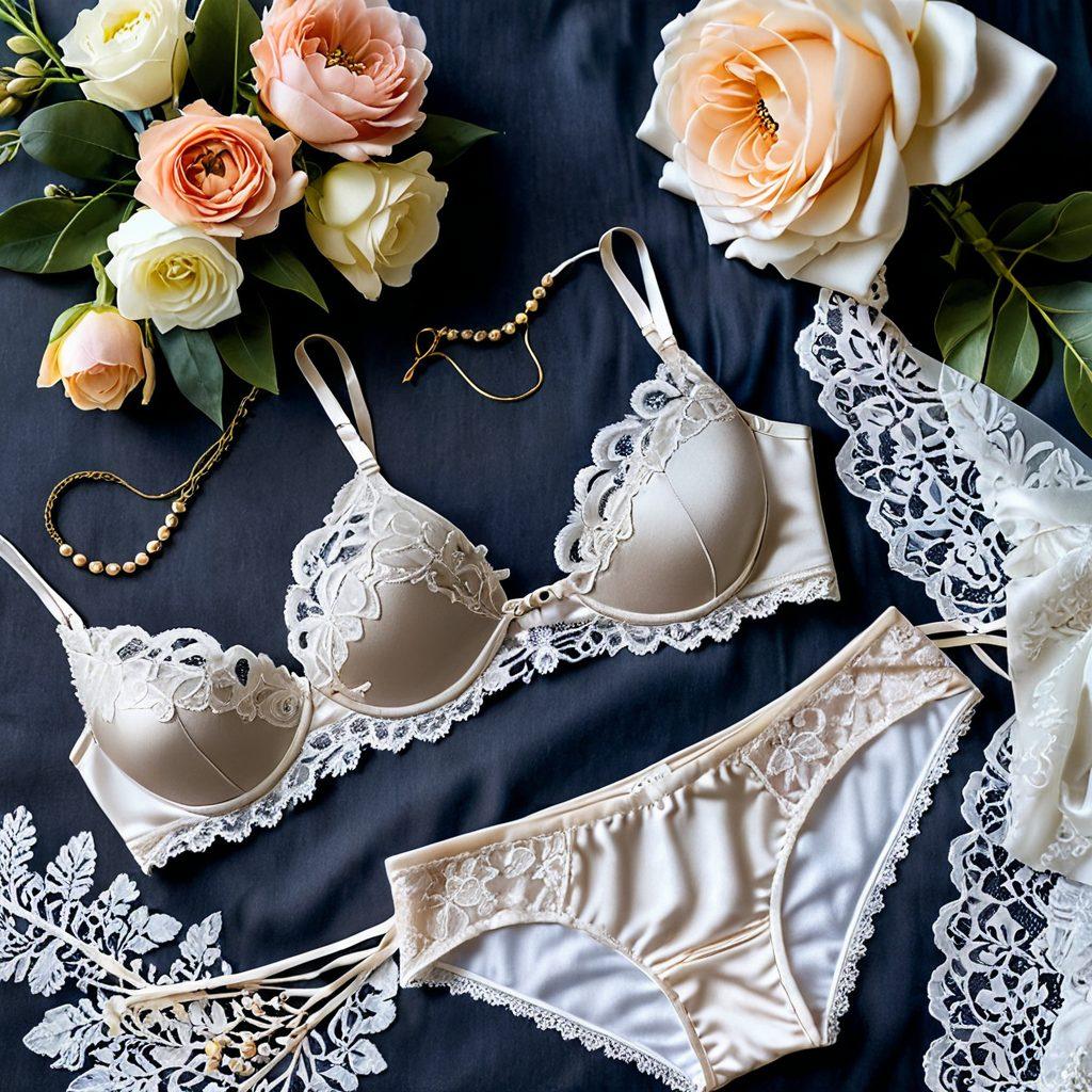 A beautifully arranged flat lay of luxurious yet affordable lingerie sets displayed on soft, silky fabrics, featuring intricate lace and delicate patterns. Soft lighting enhances the allure, casting gentle shadows to evoke elegance. Include hints of flowers and a chic jewelry piece for a touch of sophistication. The overall composition should feel inviting and stylish, capturing a sense of comfort and allure. super-realistic. vibrant colors. soft focus.